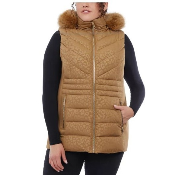 Michael Kors Puffer Vest Faux Fur Hood Beige Cheetah Print MK Logo 1X NWOT - Picture 2 of 11
